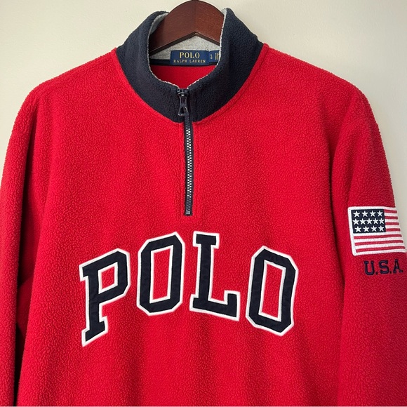 Polo Ralph Lauren Other - Polo Ralph Lauren Mens Large Red 1/4-Zip Fleece Pullover Sweater USA Flag Patch